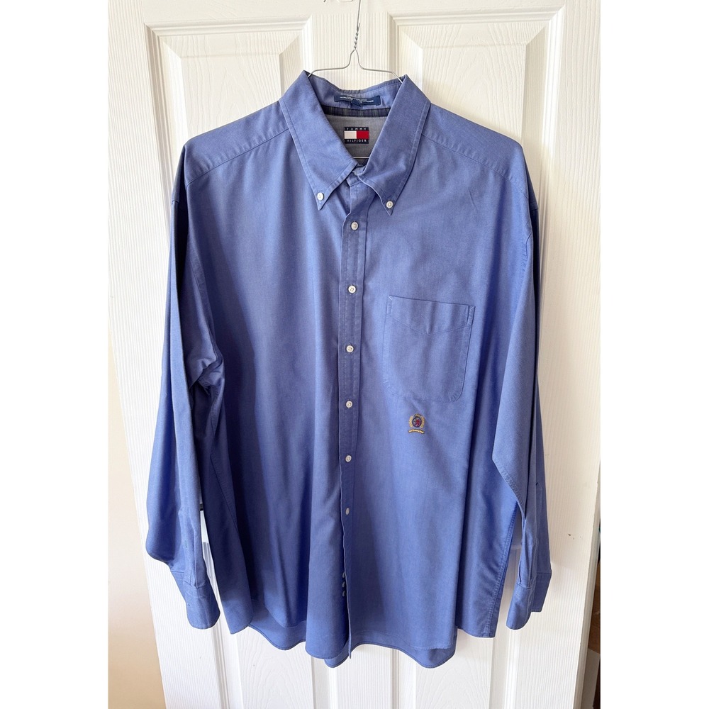 Tommy Hilfiger Mens Blue Oxford Button Down Shirt Crest Logo‎ 17.5 34-35 XL